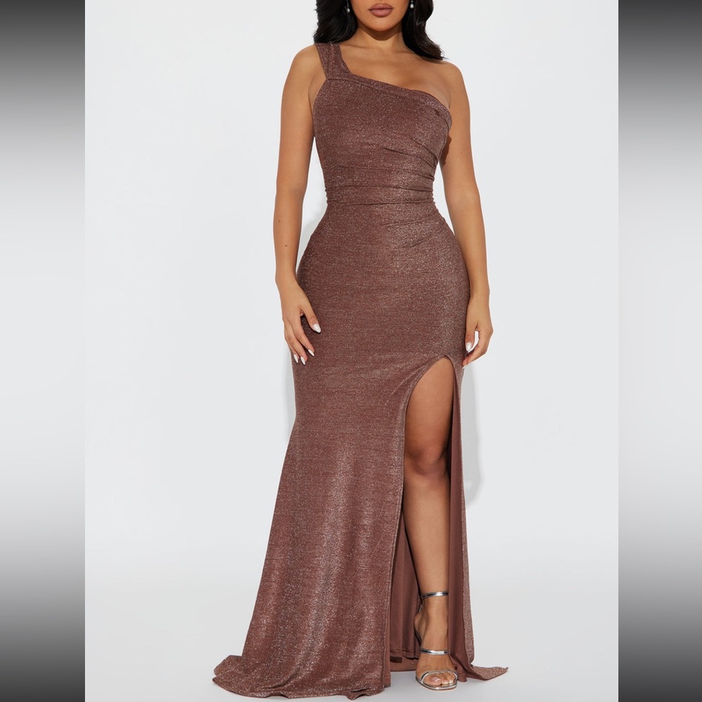 Brown Fashion Nova Stella One Shoulder Lurex Maxi Dress